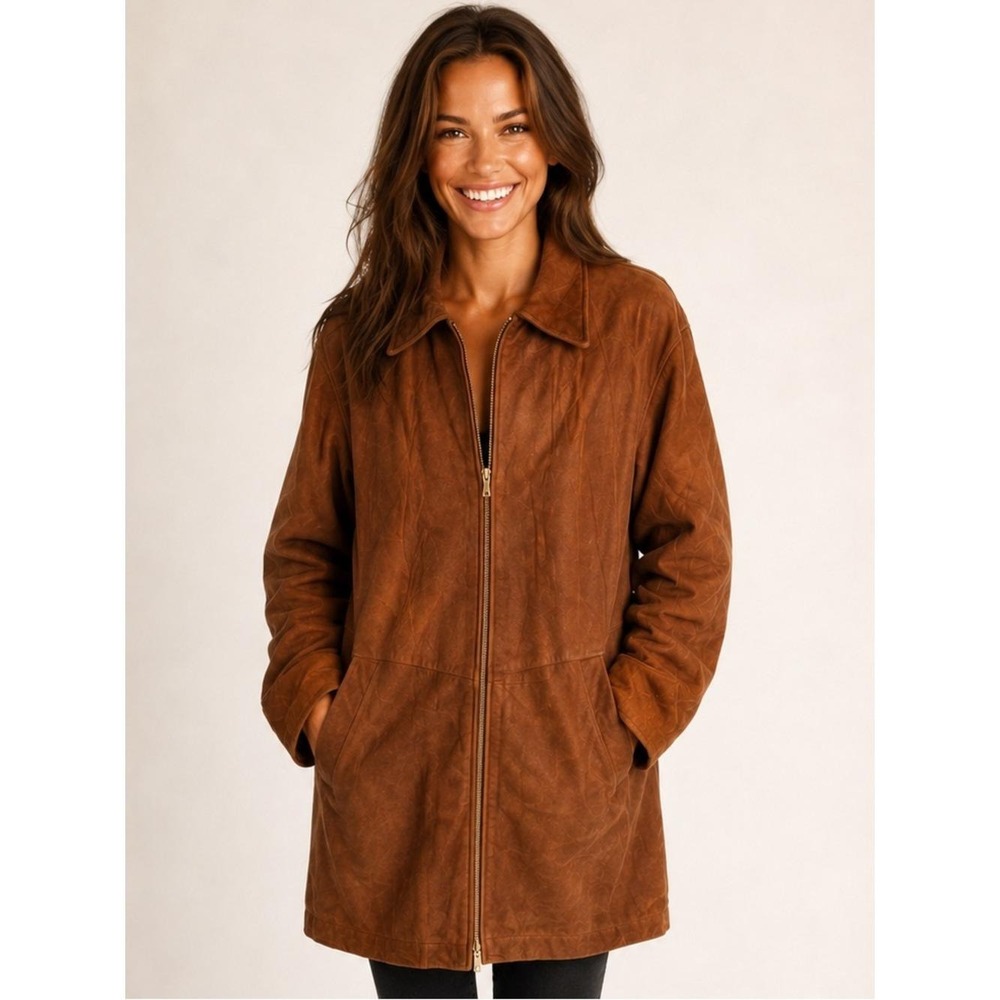 Vintage Studio Siena Cognac Suede Leather Longline Coat Thinsulate L Quiet Luxe